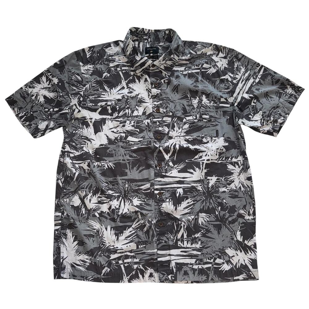 QUIKSILVER ALOHA SHIRT MENS MEDIUM GRAY PALM PRINT HAWAII FLAG BUTTON UP